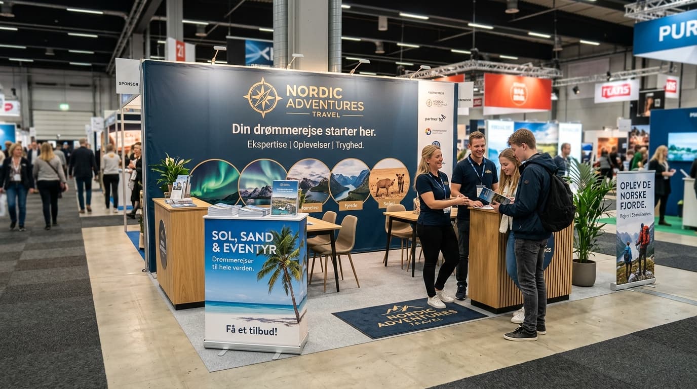 Sådan får dit rejsebureau opmærksomhed på messen med roll-up og sponsorvæg